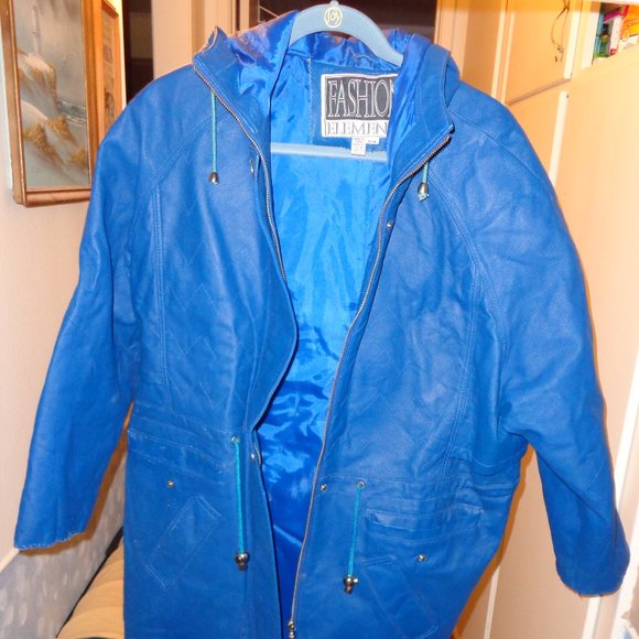 Blue Leather Car Coat with Hood Drawstring Pockets